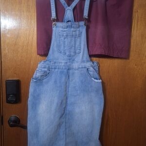 Denim Overall Dress with Burgundy Top